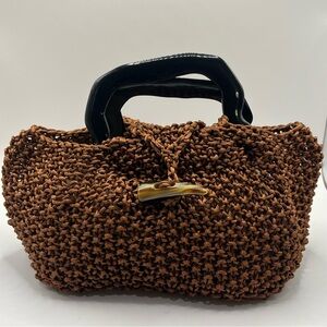 Brown Woven Handbag with Black Handles